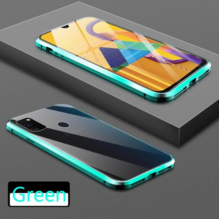 Biruiqu For Samsung Galaxy A21s Magnetic Absorption Case Metal Frame Shockproof Double Sided Tempered Glass Magnetic Case Cover
