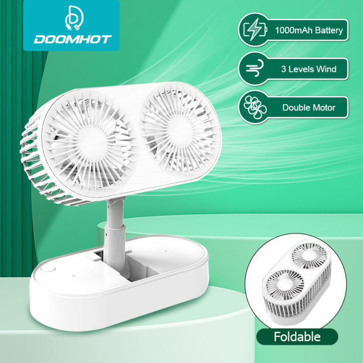 DoomHot Rechargeable Fan Double-Head Fan Desktop Electric Fan Mute Strong Wind Fan Fold-able Adjustable Washable Fan Telescopic Fan 3 Speeds USB Rechargeable Fan Portable Table Fan Folding Fan for Office Car