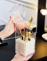 Acrylic Makeup Brush Holder With Pearls, Cosmetic Brush Case With Dustproof Lid, Countertop Brushes Holder. 