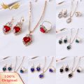 Women Heart Shape Rhinestone Pendant Necklace Lever Back Earrings Ring Jewelry. 