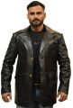 Men's Black Genuine Leather Coat - Long Notched Collar, Button Closure, Elegant Design with Front Pockets | Perfect for Formal & Casual Wear. 