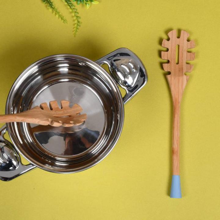 Wooden Spoon Non Stick Spoon Natural Bamboo Wood for Pasta/ Spaghetti/ Noodles/Vermicelli Cooking and Serving Spoon Cooking Spoon and Serving Spoon Non Stick Spoon for Healthy Lifestyle-White & Blue