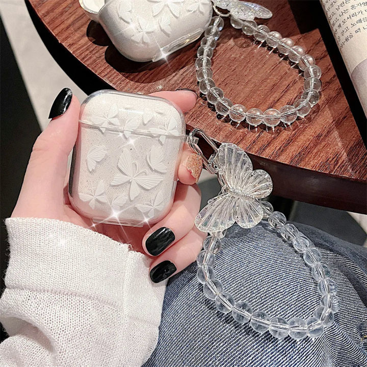 【NShisasN】Crystal Butterfly Pendant Bead Bracelet Earphone Case for Apple airpods 1/2 /3 For Airpods Pro 2nd Earphone Case With Keychain