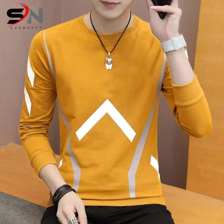 Yellow Summer Collection V Style Print T-Shirts Full Sleeves For Men