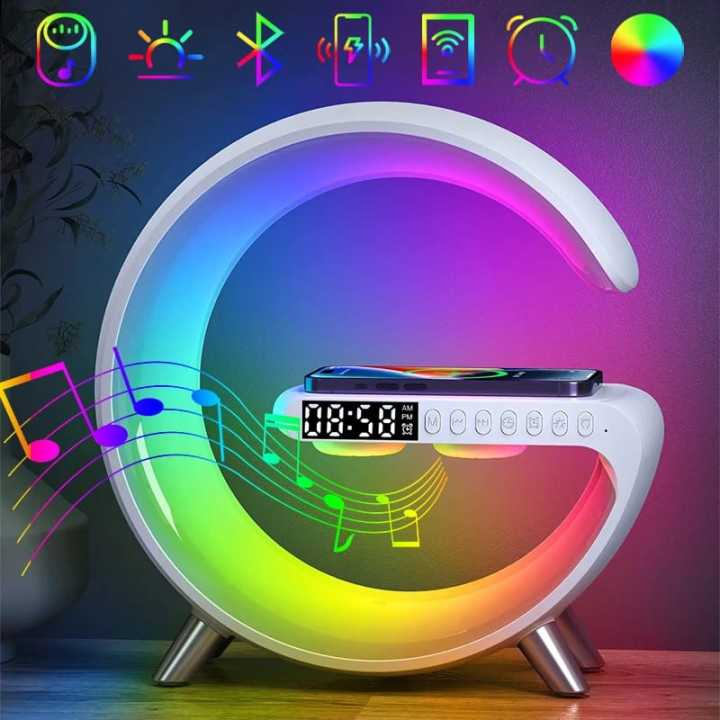 Big size G-Shape: RGB Clock Lamp & Bluetooth Speaker with Wireless Mobile Charging, Alarm set,