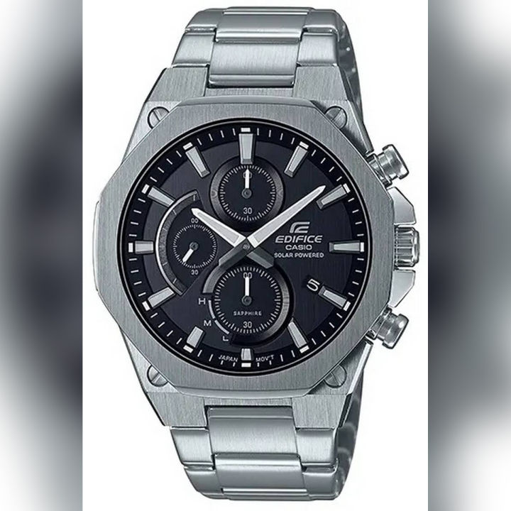 Casio Edifice Mens Steel Slimline Solar Power Black Date Dial Silver Steel Band Watch-EFS-S570D-1AUDF