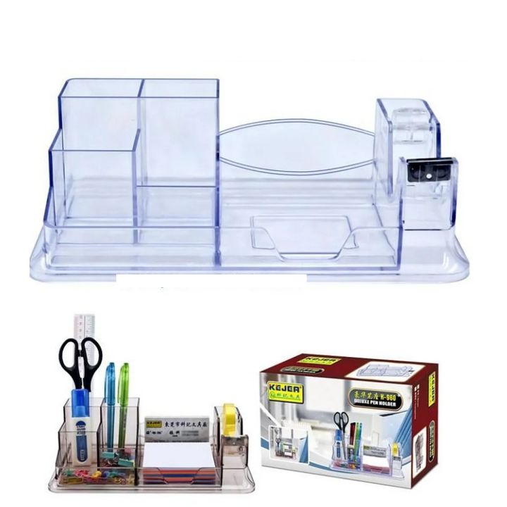 K-960 Crystal Glass Acrylic_Transparent Executive Style Deluxe Stationery Holder, Pen Stand, Desk Organizer Paper Slip Holder Visiting ID cardholder with 1 inch crystal tape dispense