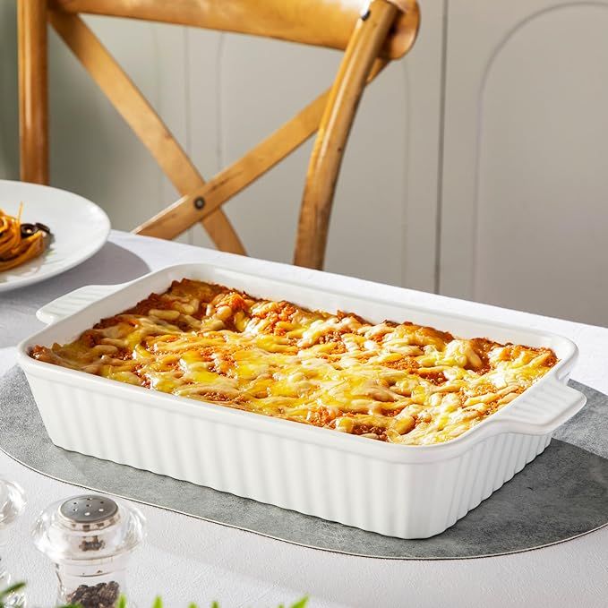 Baking Dish, Casserole Dish for Oven, Ceramic Baking Pan, Rectangular Lasagna Pan Deep with Handles for Cooking Serving Cake Kitchen 13.5" Long Rectangular Stripped Ceramic Tray