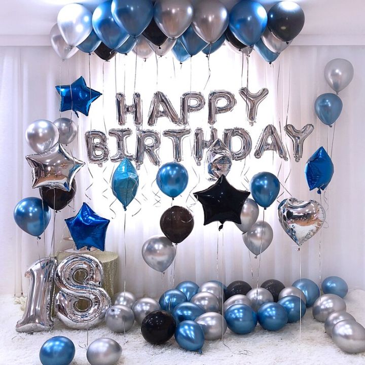 Silver Happy Birthday Foil Balloon For Birthday Party Decoration with '10'pcs Blue,'10'pcs Black, '10'pcs Silver Latex Balloons Theme Set For Birthday Decoration and Celebrations- Birthday accessories