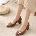 Women's Pointed Toe Pumps with Golden Buckle - Satin Finish Low Block Heel Fancy Court Shoes for Girls - Maroon, Green & Brown. 