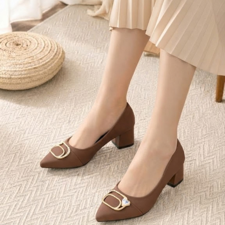 Women's%20Pointed%20Toe%20Pumps%20with%20Golden%20Buckle%20-%20Satin%20Finish%20Low%20Block%20Heel%20Fancy%20Court%20Shoes%20for%20Girls%20-%20Maroon,%20Green%20&%20Brown%20-%20Image%203