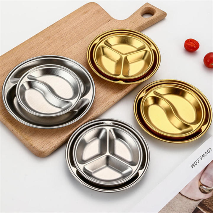 Stainless Steel Stainless Steel Circular Partition Plate  Multigrid Multi Color Korean Barbecue Dipping Plate Thickened Golden Sauce Plate for Barbecue Parties Buffets Restaurants Home Cooking Snack