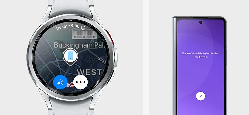 Galaxy Watch6 Classic can be seen, displaying Find My Phone screen. Galaxy Z Fold5 showing the …