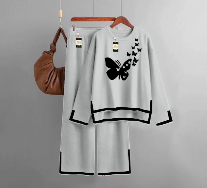 Turkish Summer Flying Butterfly  Printed Co-Ord Set for Women - Warm & Stylish Loungewear Grey Colour By Zarhas.pk