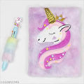 Unicorn Cute Fur Notebook Diary with Combo Furry Pen for Girls Birthday Party Return Gifts Purposes to Loved One. 