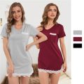 Women's Lace Casual Dress Round Neck Pajamas Housewear Ladies Cotton Night Dress Short Sleeve Nightwear for Women S-XL. 