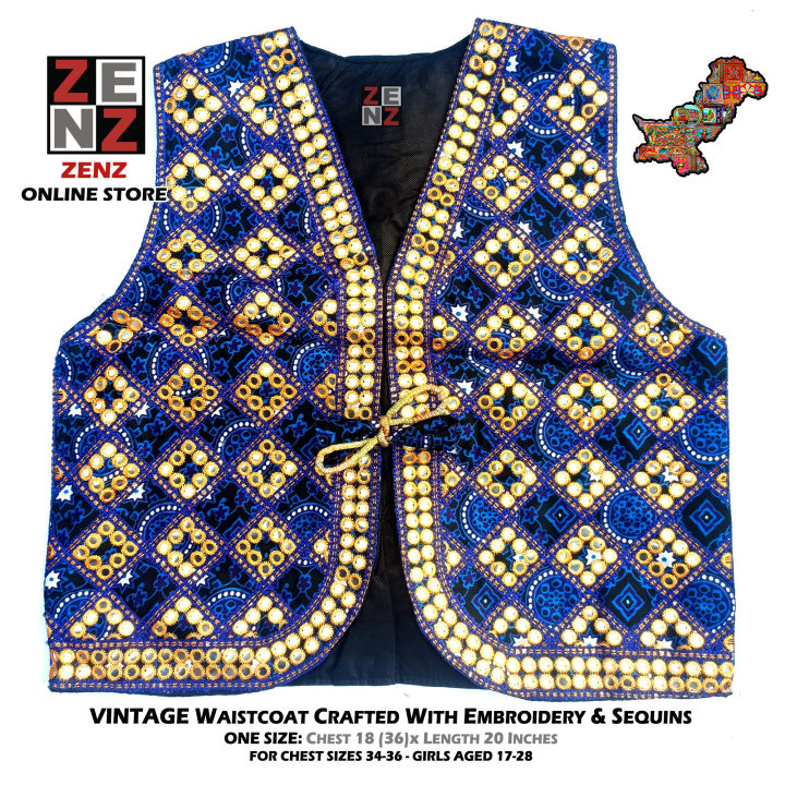 Saraiki Multani Blue White Black Ajrak Waist Coat Koti for Girls & Women Embroidered Waistcoat by ZENZ Pakistani Traditional & Cultural Wear
