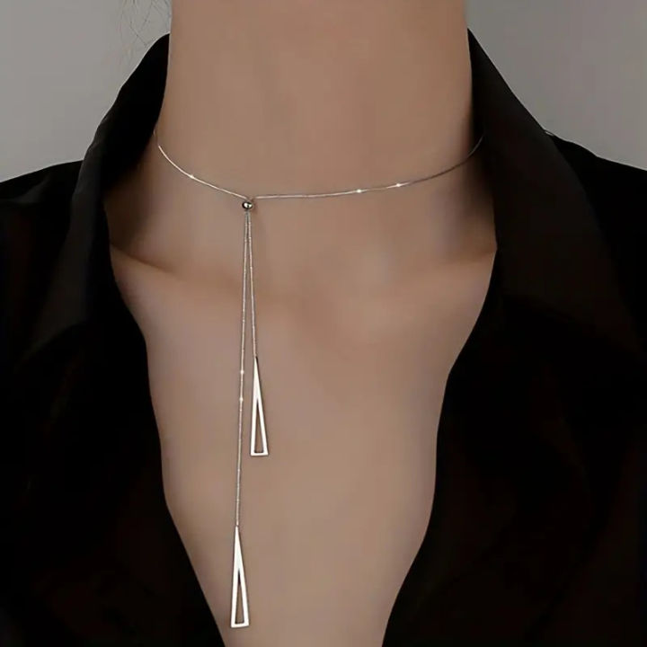Triangular Mini Chain Triangular Geometric Adjustable Pull Pendant Necklace Long Tassel ...