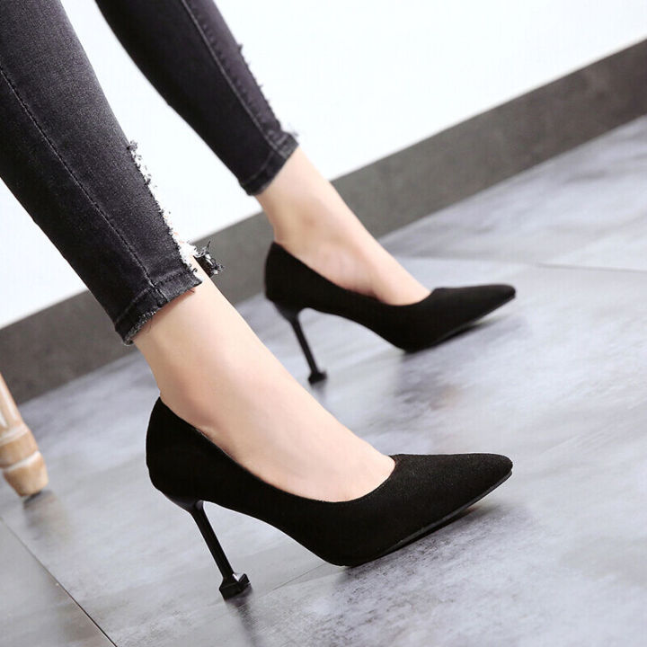 High heels women's new cat heels pointed toe black professional suede mid-heel all-match work shoes stiletto shoes 00 black