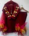 Stylish Parrot & Sleeves Embroided Kurti with Frill Dupatta & Trouser (3 Piece Suit) Embroided Dresses for Women. 