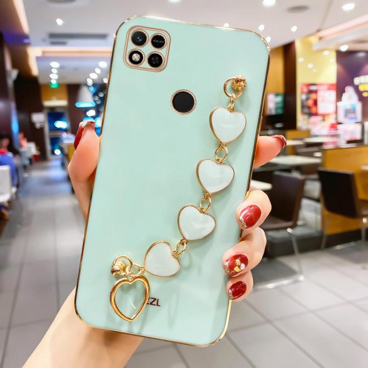 For Xiaomi Redmi 10A Back Cover with Love Heart Wristband Chain Fashion Shiny Bracelet Square Bumper Camera Lens Protection Soft Silicone Protective Case