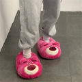 Cute Cartoon Rose Red Bear Warm Non-Slip Strawberry Home Plush Cotton Slippers For Women. 