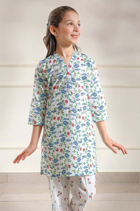 SAYA Printed Lawn Stitched 2 Piece (Shirt/Trouser)  For Kids white 87324