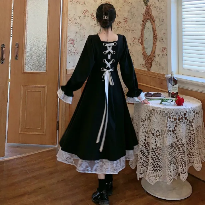 Women%20Solid%20Long-sleeve%20Over-he-knee%20A-line%20Black%20Dress%20-%20Image%205