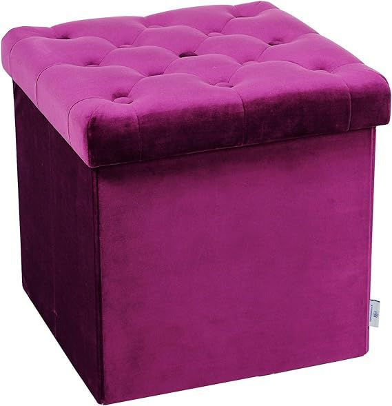Purple Velvet Ottoman Storage Boxes Folding Stool Soft Cushion Footrest Toy Storage Box Seat for Living Room Poofy Foot Stool,38x38x38cm