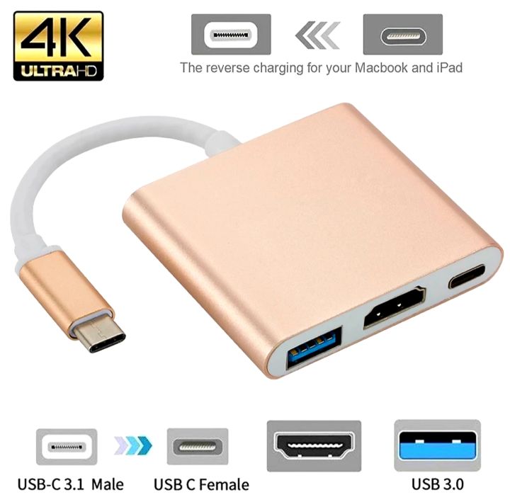 USB Type-C 3.1 Gen to USB-C + 4K HDMI + USB 3.0 MacBook Pro Adapter Cable 3 in 1 Video Converter Solution For Laptop MacBook Smartphone Mobile Tablet LED TVs Projector Desktop Gaming PC Computer Monitors Keyboard & Mouse