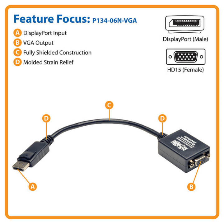 Tripp%20Lite%20DisplayPort%20to%20VGA%20Active%20Adapter%20Video%20Converter%20%20DP%20ver%201.2%20(M/F),%206%E2%80%9D%20P134-06N-VGA%20Black%20-%20Image%203
