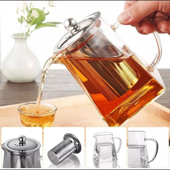 Square Glass Teapot with Heat Resistant Stainless Steel Infuser, Borosilicate Glass Teapot, Glass Tea Kettle