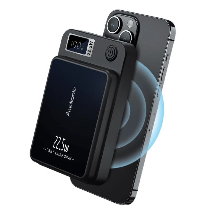 Audioni Magneto Wireless Powerbank | 10000 mAh Power bank | Portable powerbank | 5 output 3 input options | lightening-Micro USB- Type C | LED indicator | Polymer Battery | 1 year brand warranty