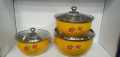 STAINLESS STEEL BOWL SET 3 PC WITH GLASS LID MICRO OVEN SAFE WITHOUT GLASS LID. 
