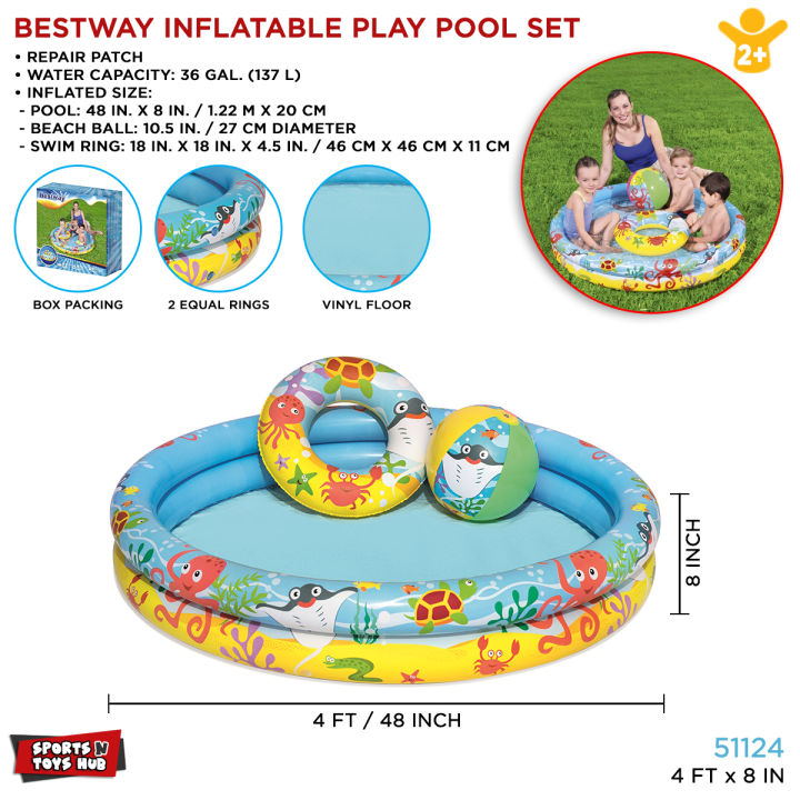 3 in 1 Bestway Play Pool Set, 4 ft Swimming Pool with Swim Ring & Beach Ball, Inflatable Pool, Water Pool for Kids, Summer Play Toys, Kid Gift Ideas, Imported 51124 Swim Pool Pack, 3-6 Years Kids, Summer Fun, Water Games, Toddler Boys & Girls Sports Hub