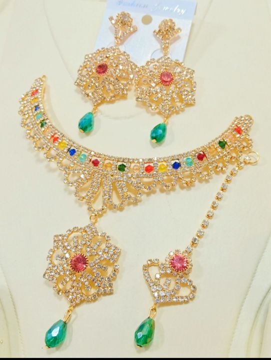 Artificial Jadao Nagina Jewellery Set With ear rings with beautyfull tika long lasting polish for beautyfull girls. 843729
