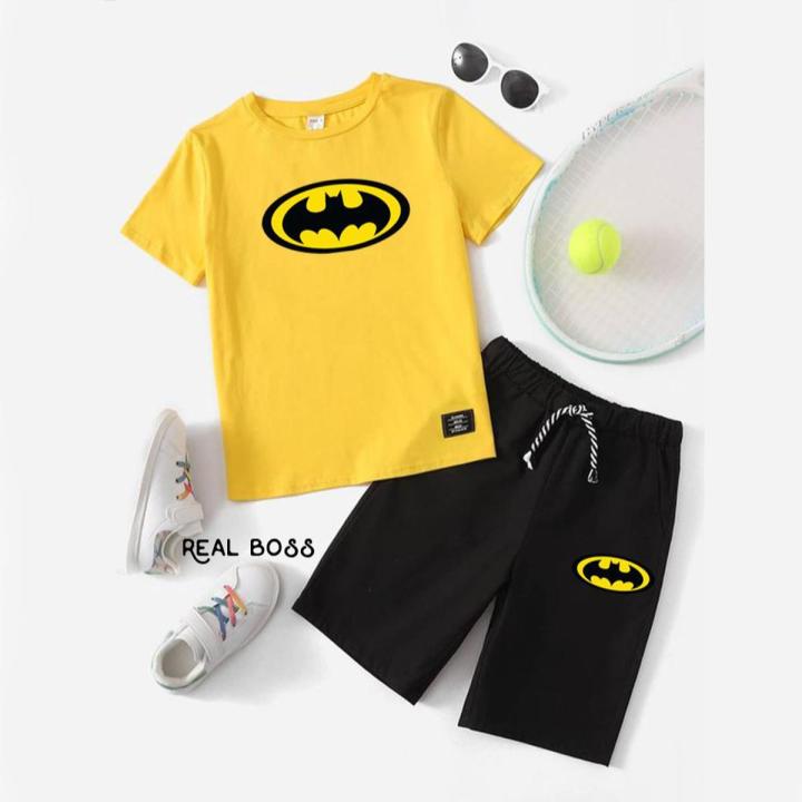 Real Boss- batMan Printed Summer Tracksuit For Kids ,2 Pieces Clothes Set, New Design Shirt And Short For Kids
