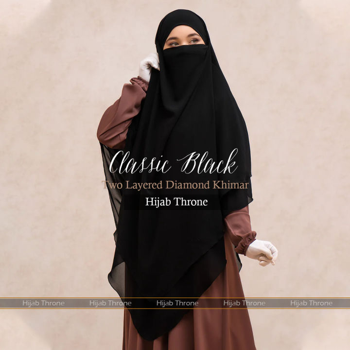 Hijab Throne – Classic Black Two Layered Diamond Khimar - Extra Long Chiffon Georgette Fabric - Super Soft & Premium Quality Hijabs for Women