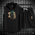 5 Ú Black Vinyl Dumble Printed Gym Summer Hooded Sleeveless Tracksuit for Mens (Hooded Tshirt + Trouser ). 