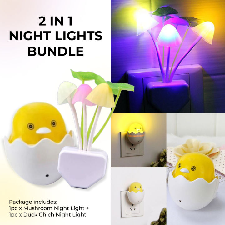 2-in-1 LED Night Light Bundle – Duck Chic Bulb + Mushroom Lamp | Cute Night Lights for Bedroom, Nursery, Kids Room & Home Decor (USB/Battery Powered)