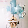 Number 1 foil balloons in blue colour, 100 blue latex balloons, 2 silver and 2 blue star foil balloons birthday party baby boy. 