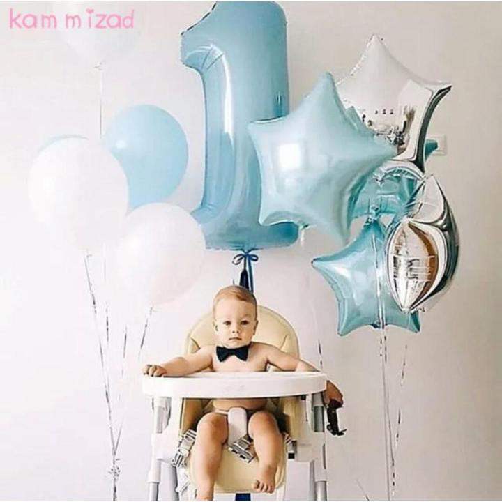 Number 1 foil balloons in blue colour, 100 blue latex balloons, 2 silver and 2 blue star foil balloons birthday party baby boy