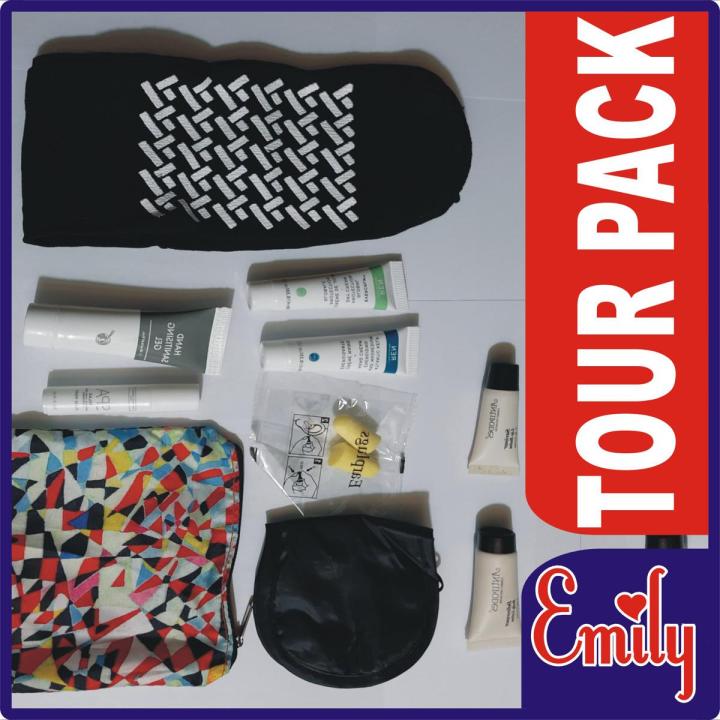 EMILY 10 IN 1 TOUR PACK FOR TRAVELERS, TRAVELING KIT, IMPORTED EYE MASK, SLEEPING MASK, EAR PLUGS, SOCKS PAIR, HAND CREAM, DAY CREAM, BODY LOTION, HAND SANITIZER, LIP BALM AND SPA RELAXING TUBE IN TRAVELING POUCH