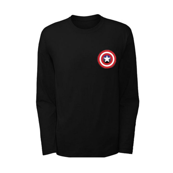 Captain America Logo Printed Full Sleeves Black T shirt Round Neck Soft Cotton Tees Casual T shirts Best Quality Outfits For Men