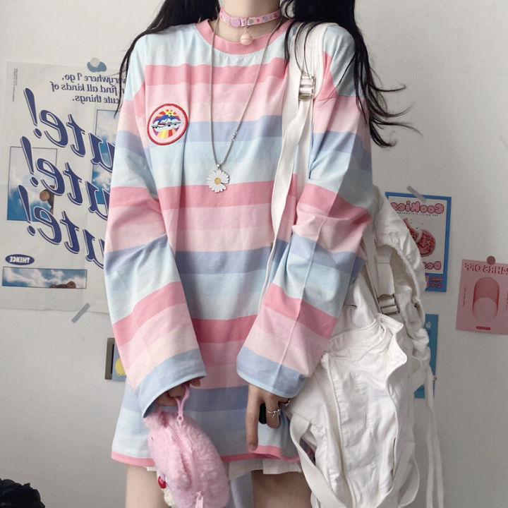 Women's Rainbow Striped T-shirt Loose Long-sleeved Casual Top