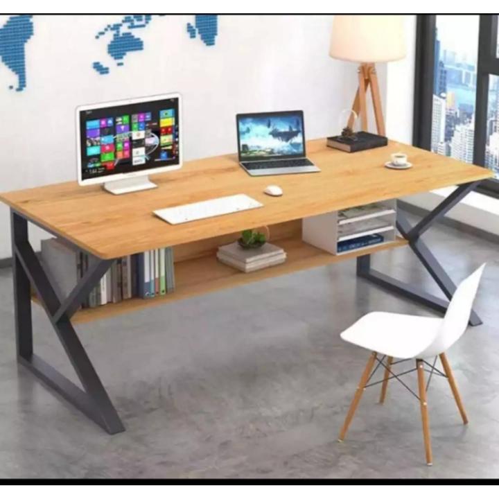 Computer table simple modern K shape portable folding computer laptop study table Gaming Table office desk home furntiure with storage bookshelf laptop writing table workstation with metal frame waterproof laminted 4X2.5X2ft