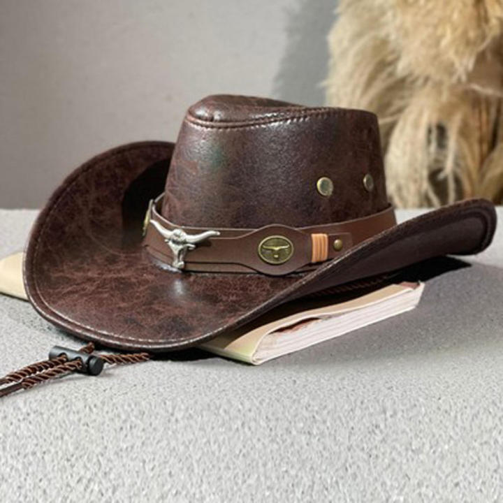 Cowgirl Cowboy hat Fashionable Western style Faux leather Fedora hats Vintage Ox head belt for Outdoor travel Western-themed parties Horseback riding Daily wear Sun protection