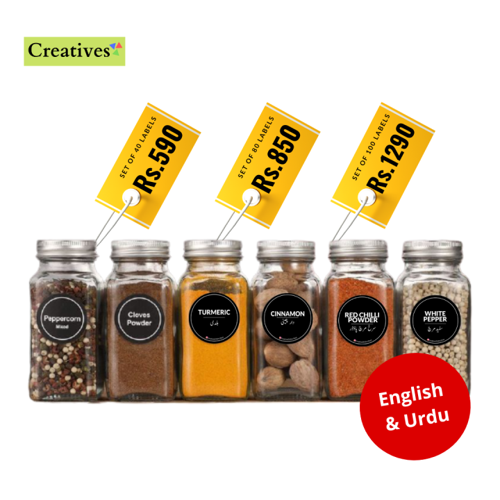 Kitchen Spice Jar Label Stickers Black Water Proof Printed | Kitchen Labels Stickers Black | Pantry label Stickers | English and Urdu | Water Proof | Optimum Size of 2 inches | Sets of 40, 60 & 100 Unique Black Label Sticker to Organize your Pantry