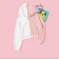 Pink and White Kantras Crop Top Zipper Hoodie for Women, Comfortable Fleece Fabric. 