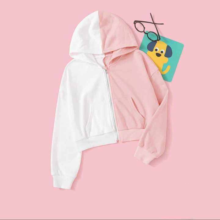 Pink and White Kantras Crop Top Zipper Hoodie for Women, Comfortable Fleece Fabric
